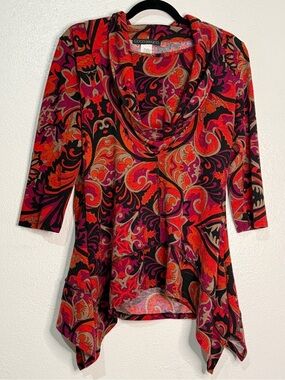 Coco Bianco Red & Pink Paisley Cowl Neck Women's Top. Sz M.